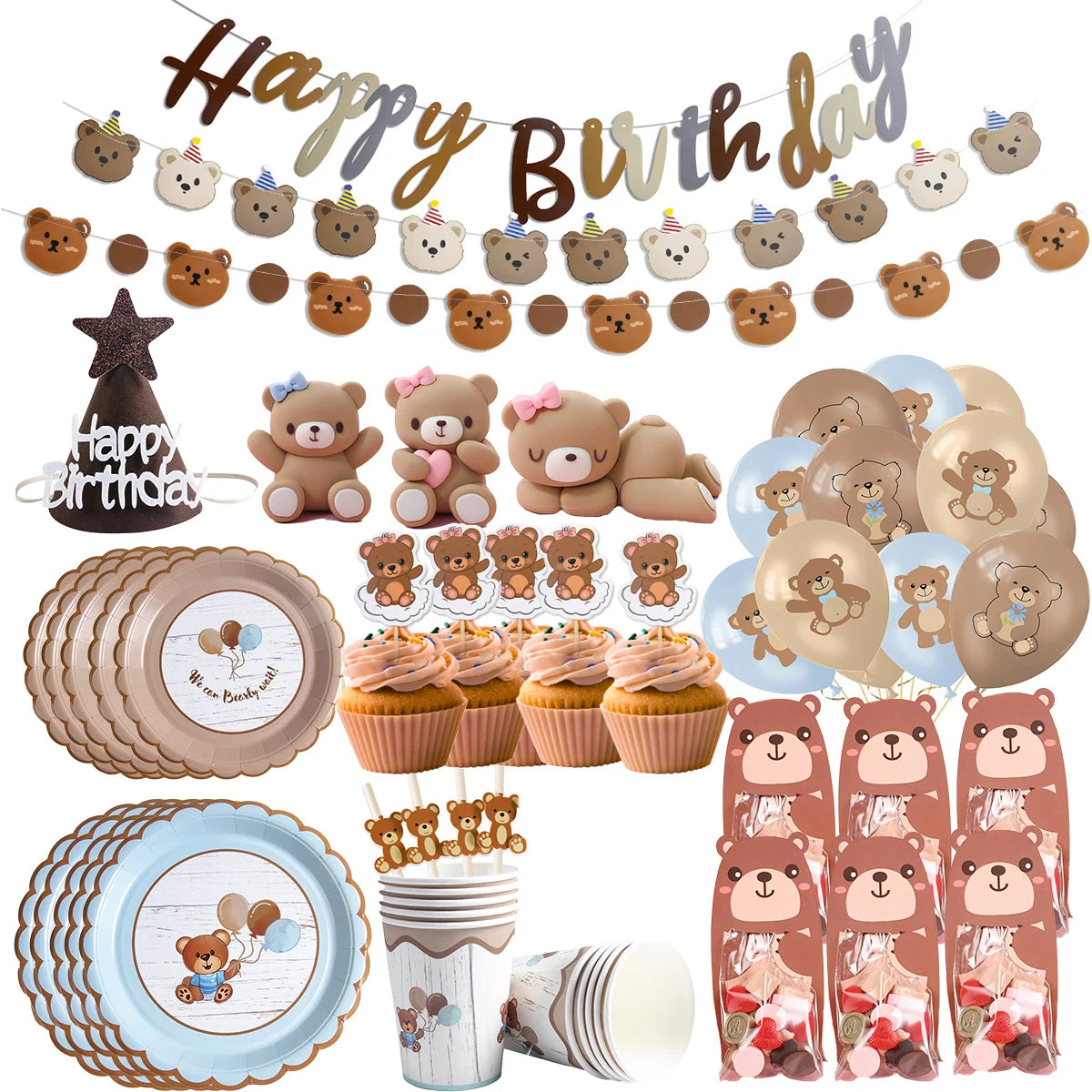 Bear Happy Birthday Decorations Wall Backdrop Banner Paper Plate Cup Gift Bags for Baby Shower Supplies Bear 1st Birthday Decor