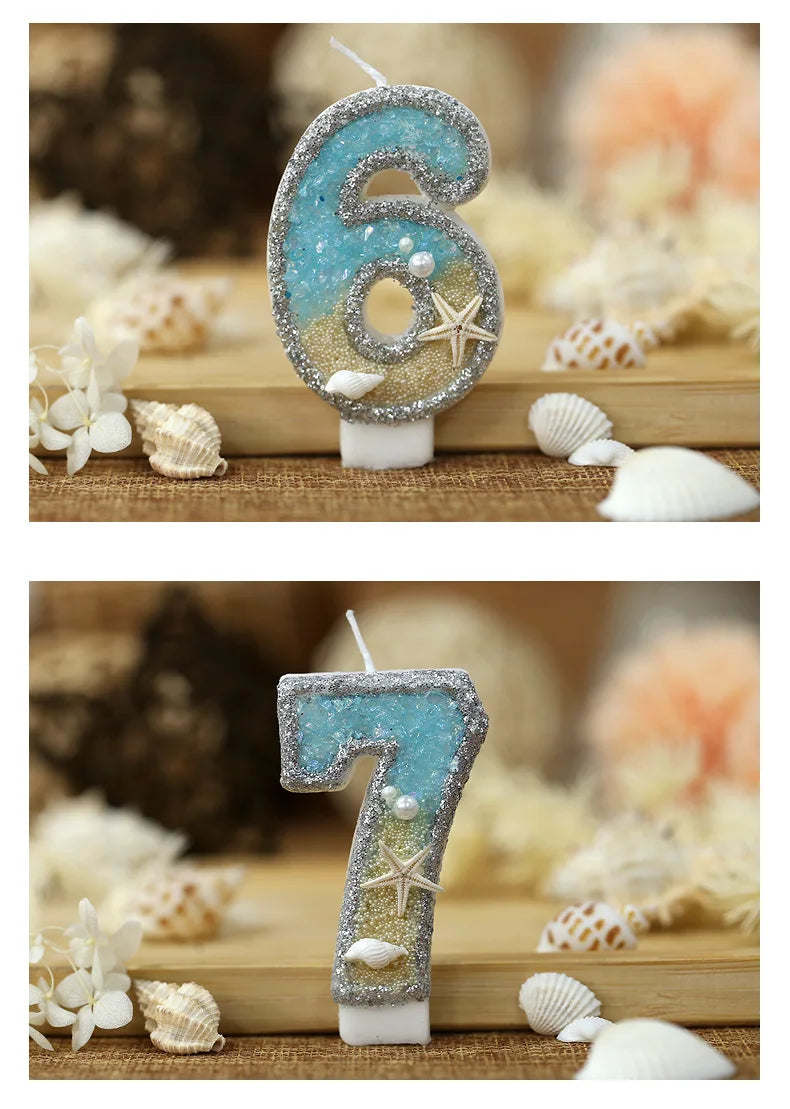 3inch Birthday Candle Large Number 4 Candle Marine style Beach Starfish Seashells Cake Topper for Kids Birthday Party Decoration