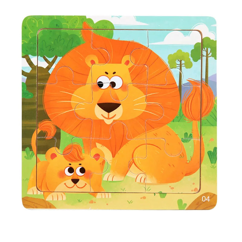 9 Piece Small Wooden Puzzle Cartoon Animal Vehicle 11x11cm Wood 3d Puzzle Montessori Educational Toys For Kids Gifts