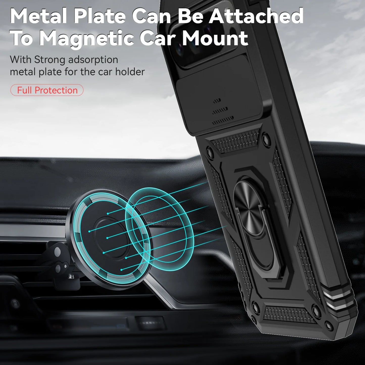 Shockproof Hybrid Dual Layer Magnetic Metal Ring stand Case For Google Pixel 9 8 7 Pro 6 6A 7A Slide Camera Lens Protetion Cover