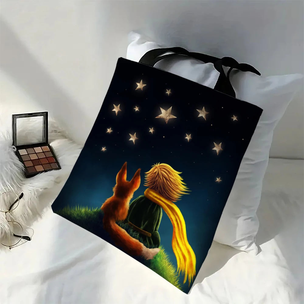 Linen Bag The Little Prince Series Print Lightweight Shoulder Bag Versatile Shopping Bag Holder Handbag