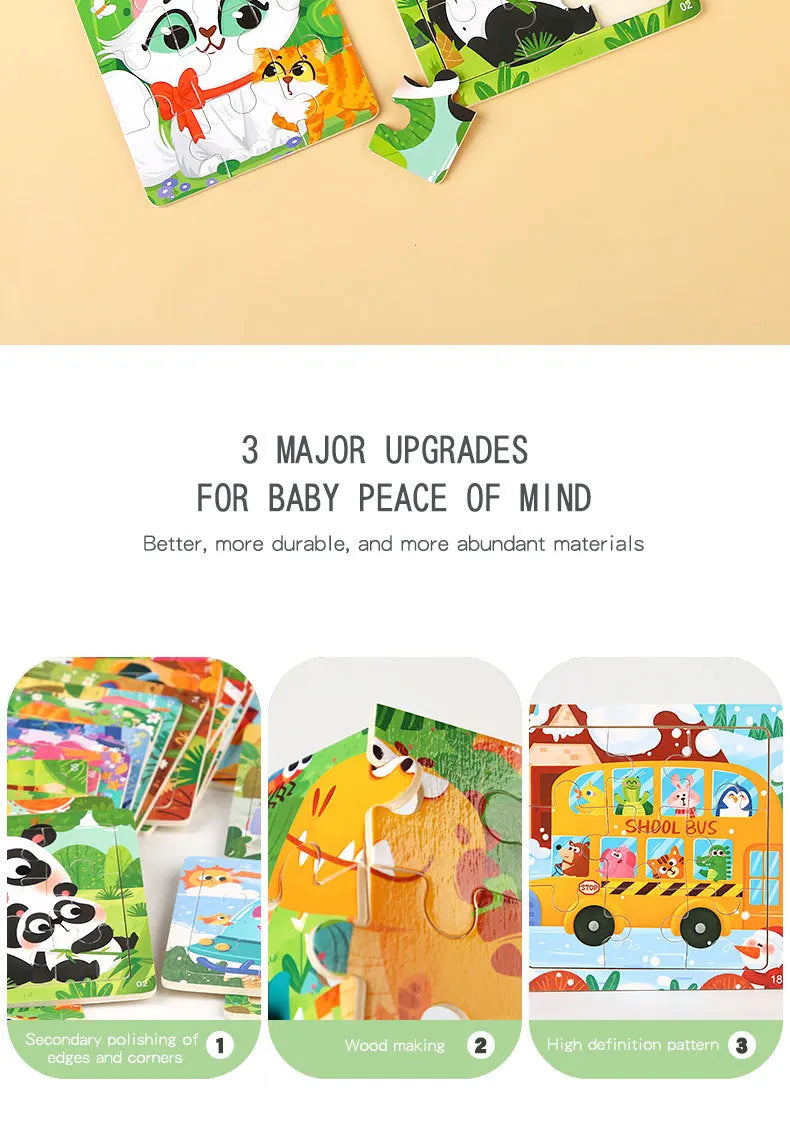 9 Piece Small Wooden Puzzle Cartoon Animal Vehicle 11x11cm Wood 3d Puzzle Montessori Educational Toys For Kids Gifts