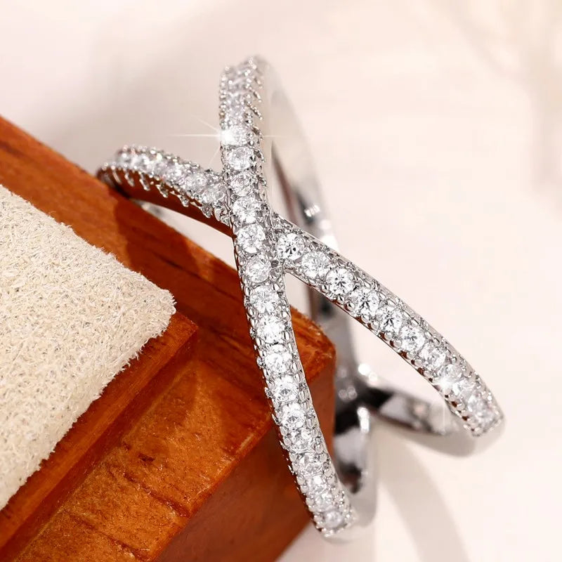 Simple Stylish Cross Shape Cubic Zirconia Rings for Women Fashon Female Finger Accessory Wedding Bands Statement Jewelry