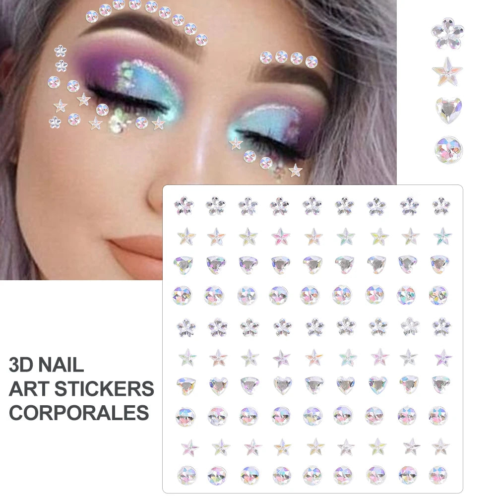 3D Face Eyes Party Makeup Tattoo Sticker Acrylic Diamond Rhinestones Sticker Self-adhesive Mixed Crystal Face Decoration Sticker