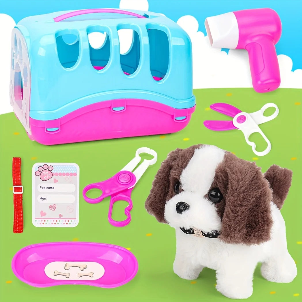 Pet Puppy Care Accessories with Dog House -Simulated Brador Dog Call Plush Toy - Children Interactive Vet Clinic Doctor - Role