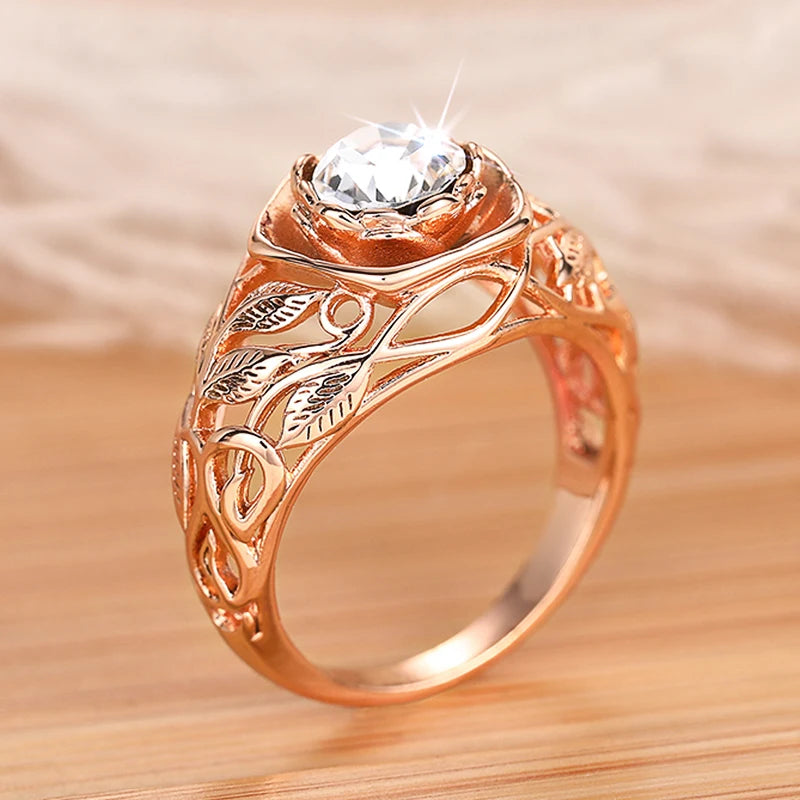 Aesthetic Rose Gold Color Flower Ring Female Engagement Accessories with Bright Zirconia Graceful Wedding Band Jewelry