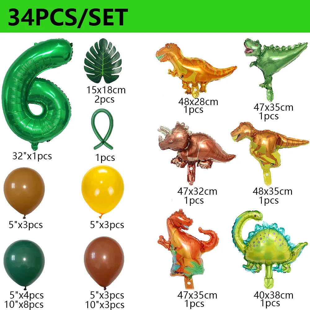 34Pcs 1 2 3 Years Dinosaur Birthday Party Dino Balloons Palm Leaf Set First Bthday Boy Party Kids Baby Shower Jungle Safari Deco