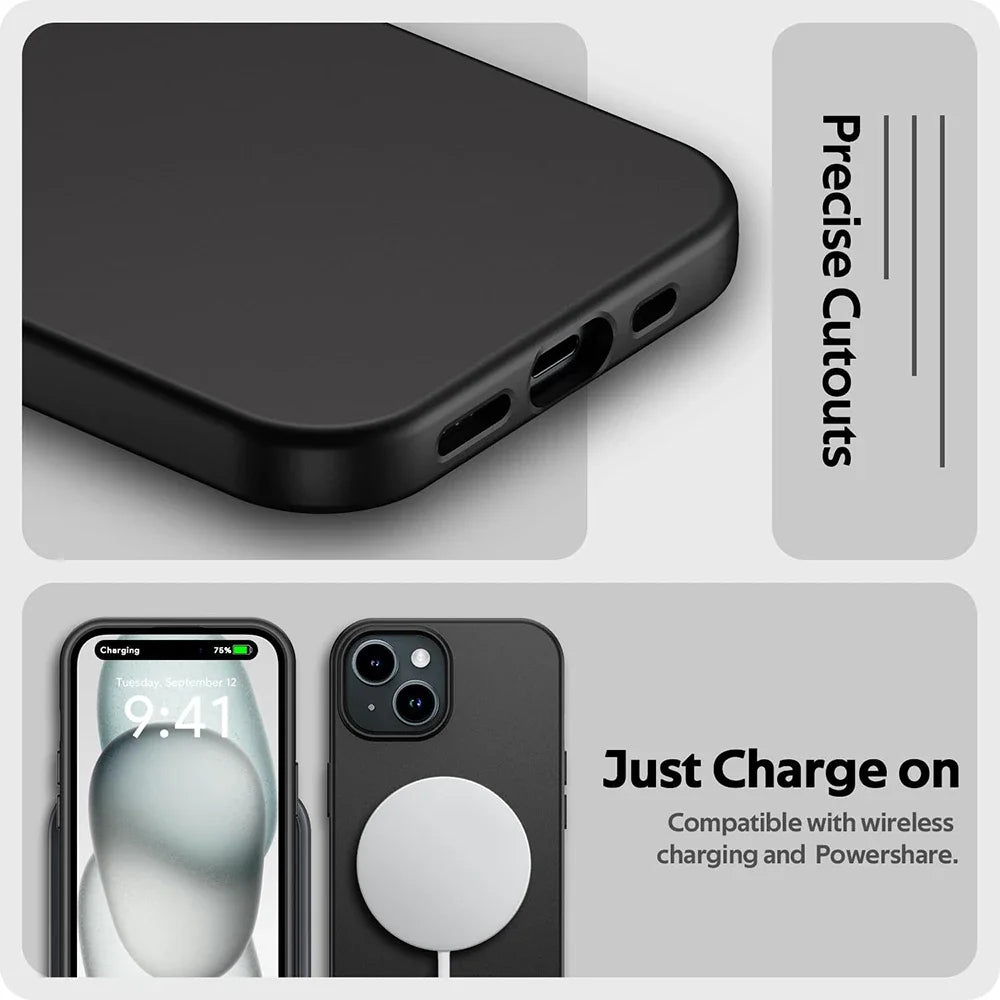 Luxury Matte Silicone Soft Case For iPhone 16 15 14 Plus 13 12 Mini 11 Pro XS Max X XR SE 7 8 Plus Ultra Thin Solid Black Cover