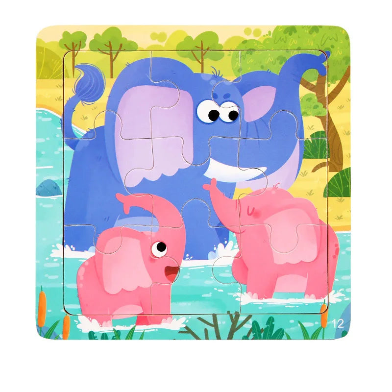 9 Piece Small Wooden Puzzle Cartoon Animal Vehicle 11x11cm Wood 3d Puzzle Montessori Educational Toys For Kids Gifts