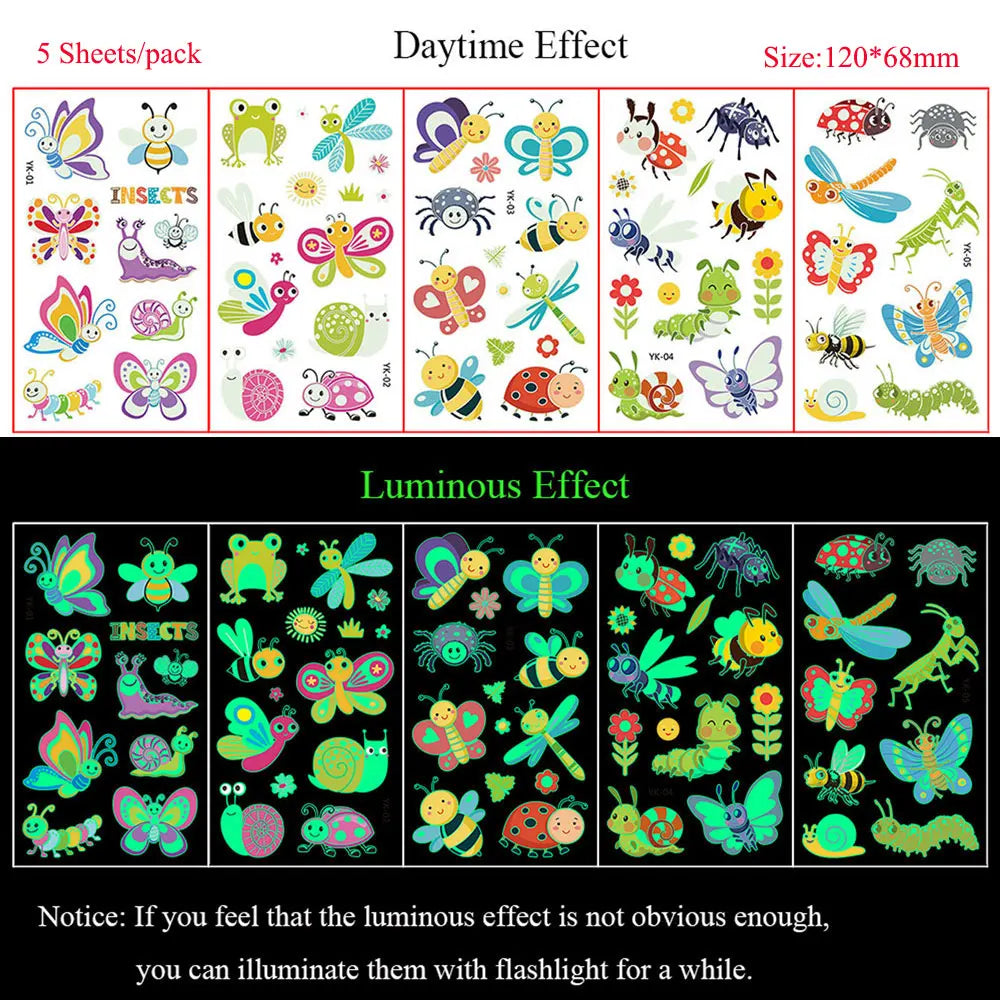 5 Sheets Luminous Tattoo Stickers Temporary Colorful Animal Dinosaur Tattoo Cute Tattoo Stickers Children's Body Tatto