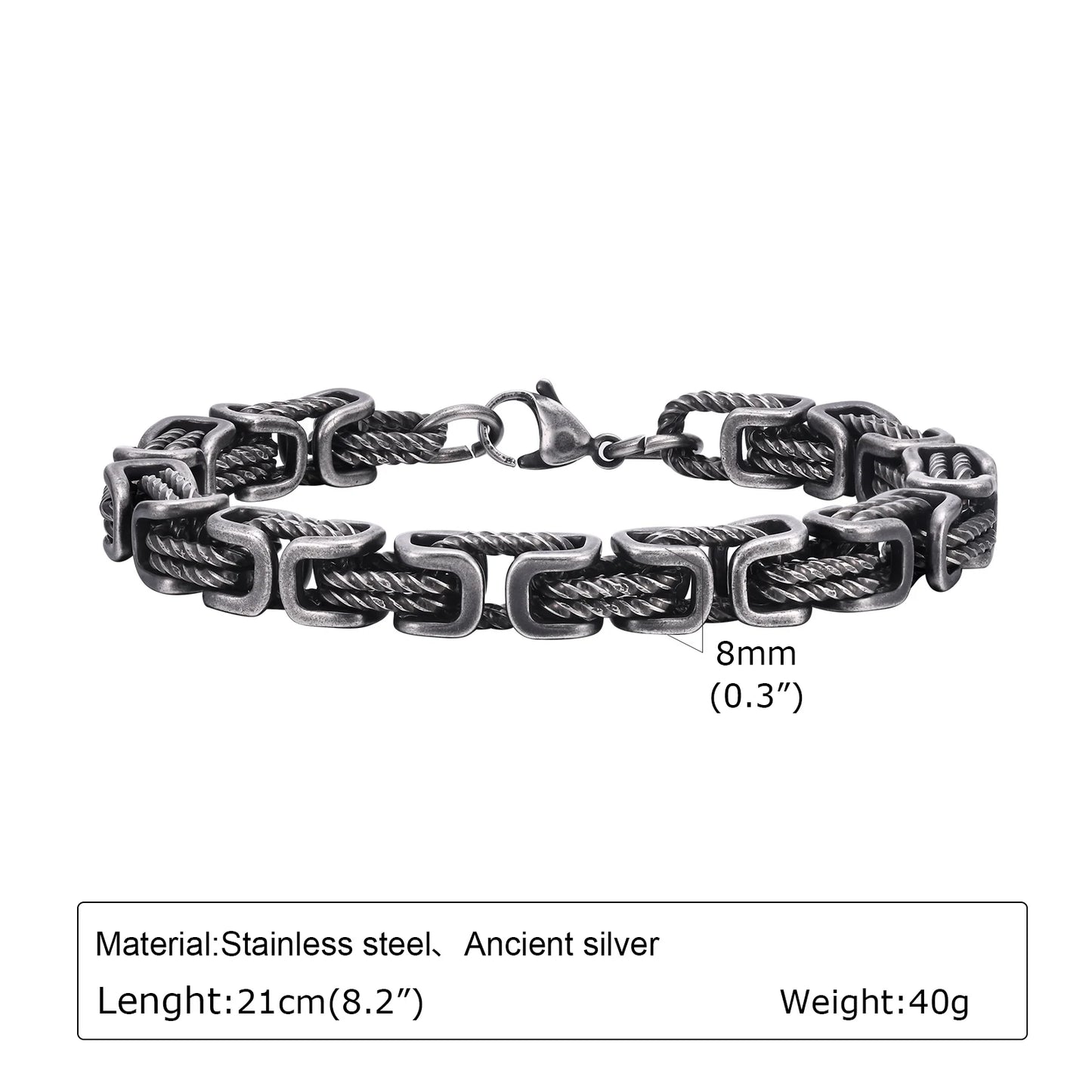 Mens Chunky Byzantine Bracelets,Retro Grey 8mm Stainless Steel Braided Link Wristband,Vintage Jewelry Gift for Him Boy