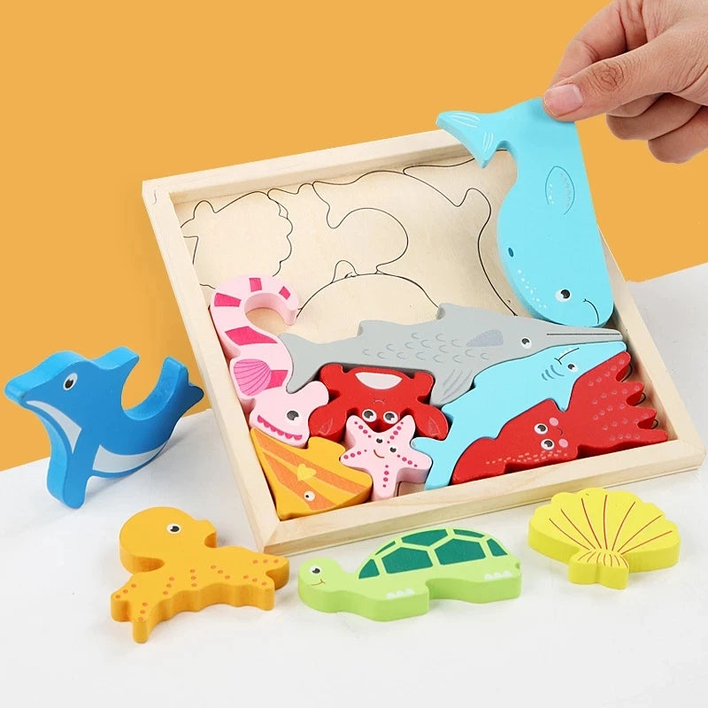 Montessori Wooden Toys 3D Jigsaw Puzzle Tangram Math Toys Baby Hand Grasp Board Shape Match Puzzle Educational Toys for Kids