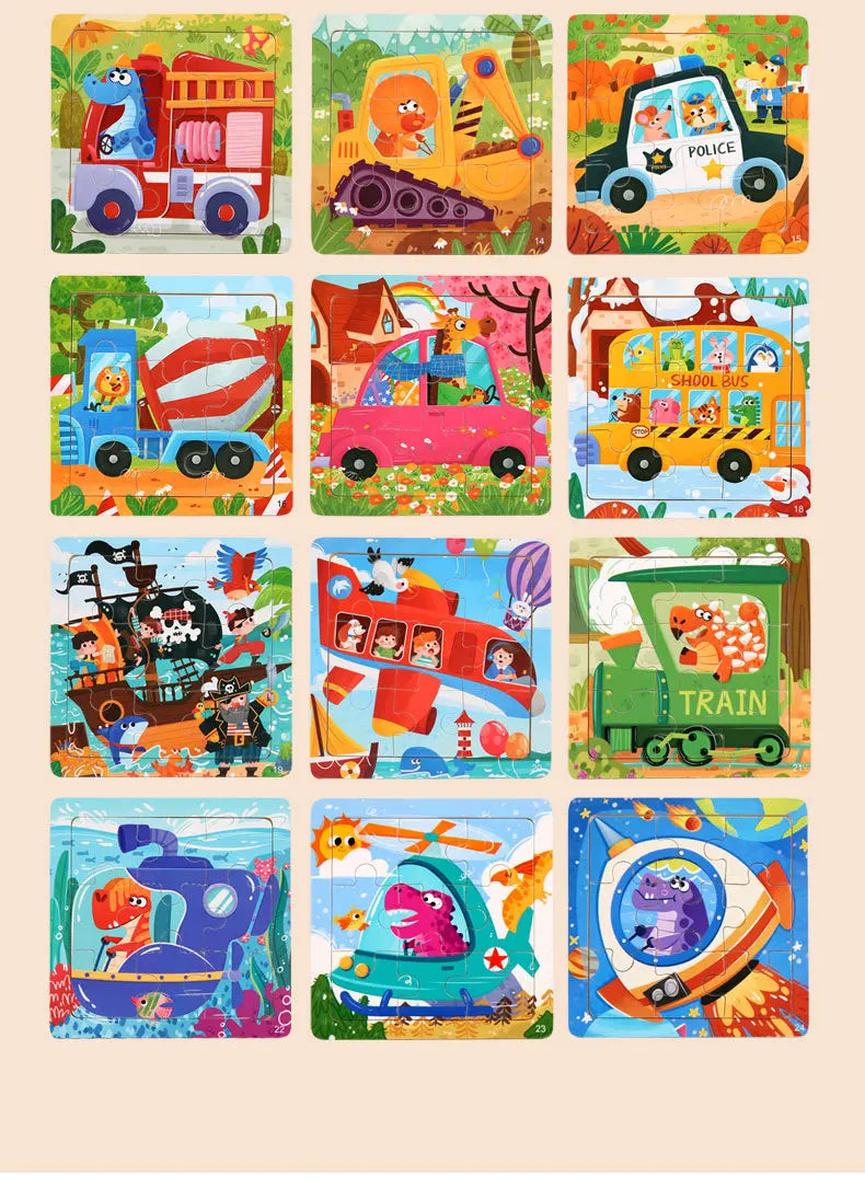9 Piece Small Wooden Puzzle Cartoon Animal Vehicle 11x11cm Wood 3d Puzzle Montessori Educational Toys For Kids Gifts