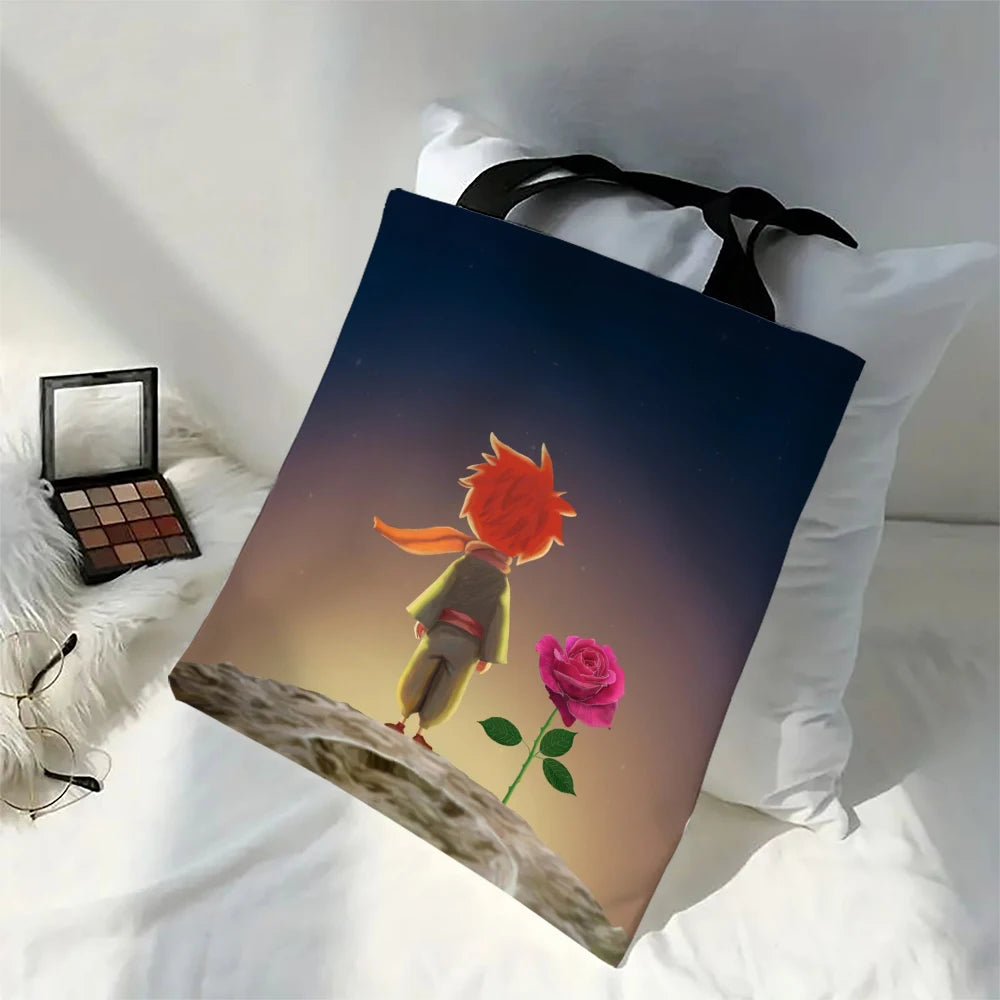 Linen Bag The Little Prince Series Print Lightweight Shoulder Bag Versatile Shopping Bag Holder Handbag