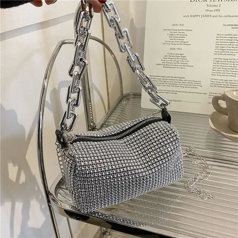 Allover Rhinestone Bucket Bag, Glitter Chain Prom Purse, Women's Mini Crossbody Bag (18cm*13cm*13cm)