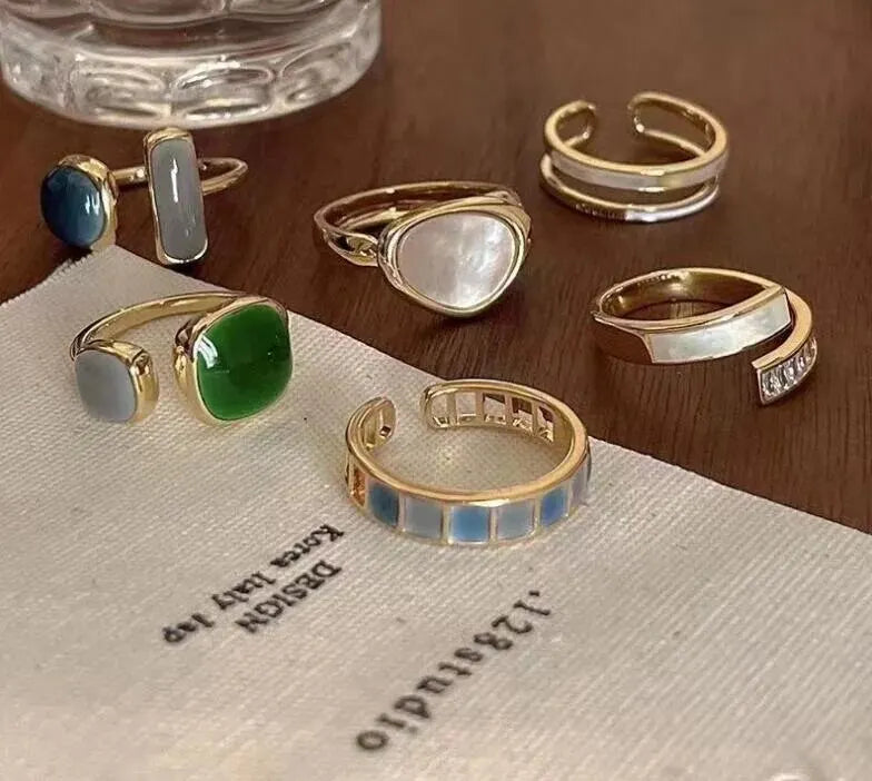 6Pcs New Fashionable Retro Emerald Moonlight Stone Joint Opening Ring Set For Women's Daily Versatile Gift Fashion Accessories