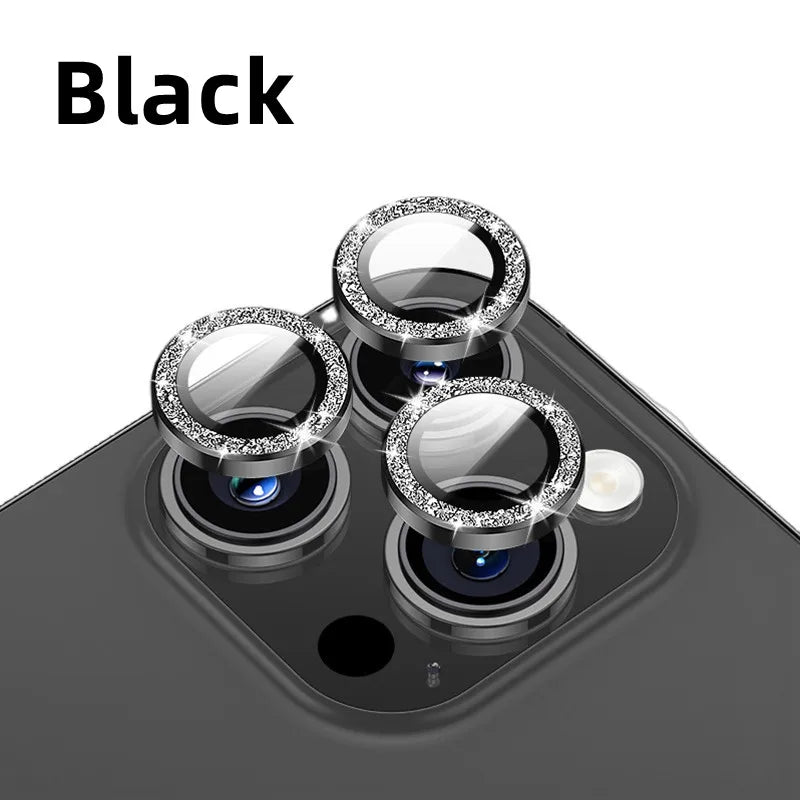1set Glitter Bling Camera Protector for iPhone 15 14 13 12 11 Pro Max Plus Shinny Metal Ring Lens Tempered Glass lens Cover