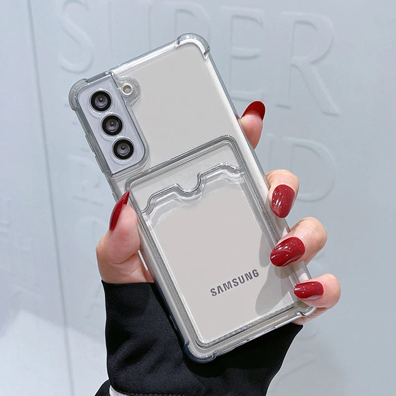 Shockproof Airbag Card Bag Wallet Clear Phone Case For Samsung Galaxy S21 S22 S23 FE S24 Plus S24 Ultra 5G Corners Bumper Cover