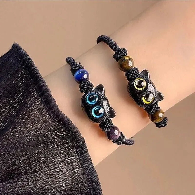 Cute Cat Bracelet For Women Funny Black Cat Bead Adjustable Braided Rope Charm Bracelets For Couple Friends Harajuku Jewelry