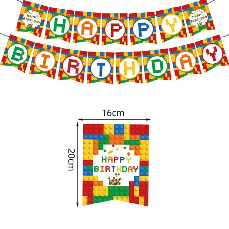 Building Blocks Theme Party Decor Supplies Disposable Tableware Cup Cake Topper Balloon Backdrop For Birthday Party Decoration