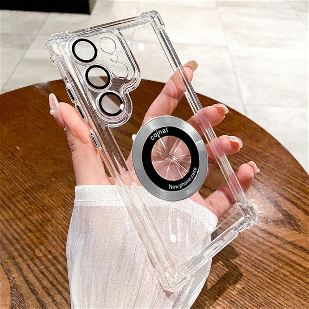 Transparent for Magsafe Case for Samsung Galaxy S24 Ultra S23 FE S22 Plus Magnetic Lens Film Camera Protection Shockproof Cover