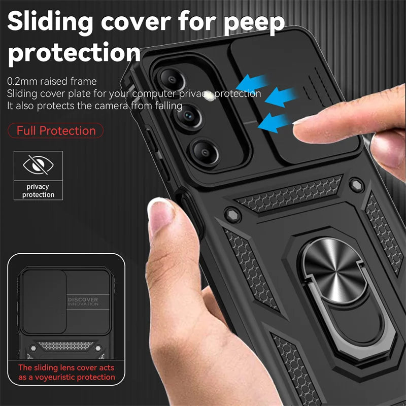 Slide Camera Lens Military Grade Armor Case For Samsung Galaxy A15 A25 A35 A55 5G Phone Holder Ring Stand Cover