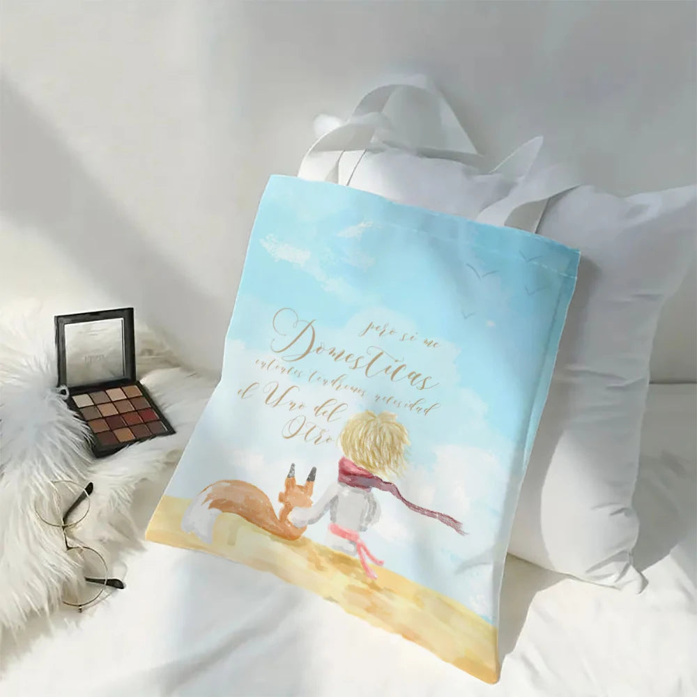 Linen Bag The Little Prince Series Print Lightweight Shoulder Bag Versatile Shopping Bag Holder Handbag