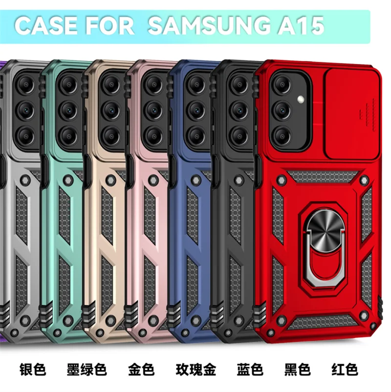 Slide Camera Lens Military Grade Armor Case For Samsung Galaxy A15 A25 A35 A55 5G Phone Holder Ring Stand Cover