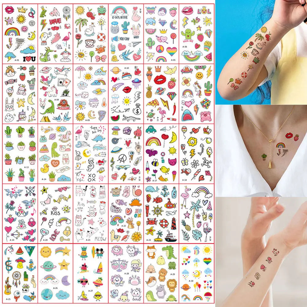 30 Sheets Cute Cartoon Temporary Tattoos for Hands Waterproof Tattoo Stickers for Children Rainbow Fruit Moon Fake Finger Tattoo