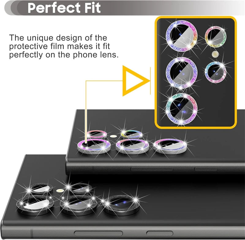 Glitter Diamond Camera Lens Protector For Samsung Galaxy S25 Ultra S25Plus S24Ultra S23 22Ultra Metal Ring Tempered Glass Cover