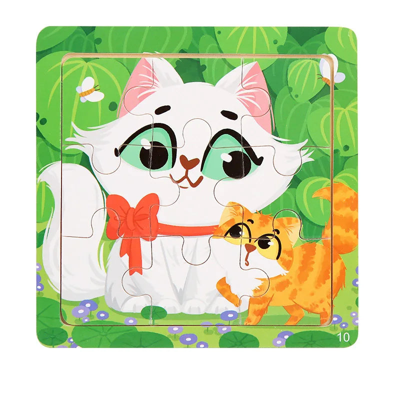 9 Piece Small Wooden Puzzle Cartoon Animal Vehicle 11x11cm Wood 3d Puzzle Montessori Educational Toys For Kids Gifts