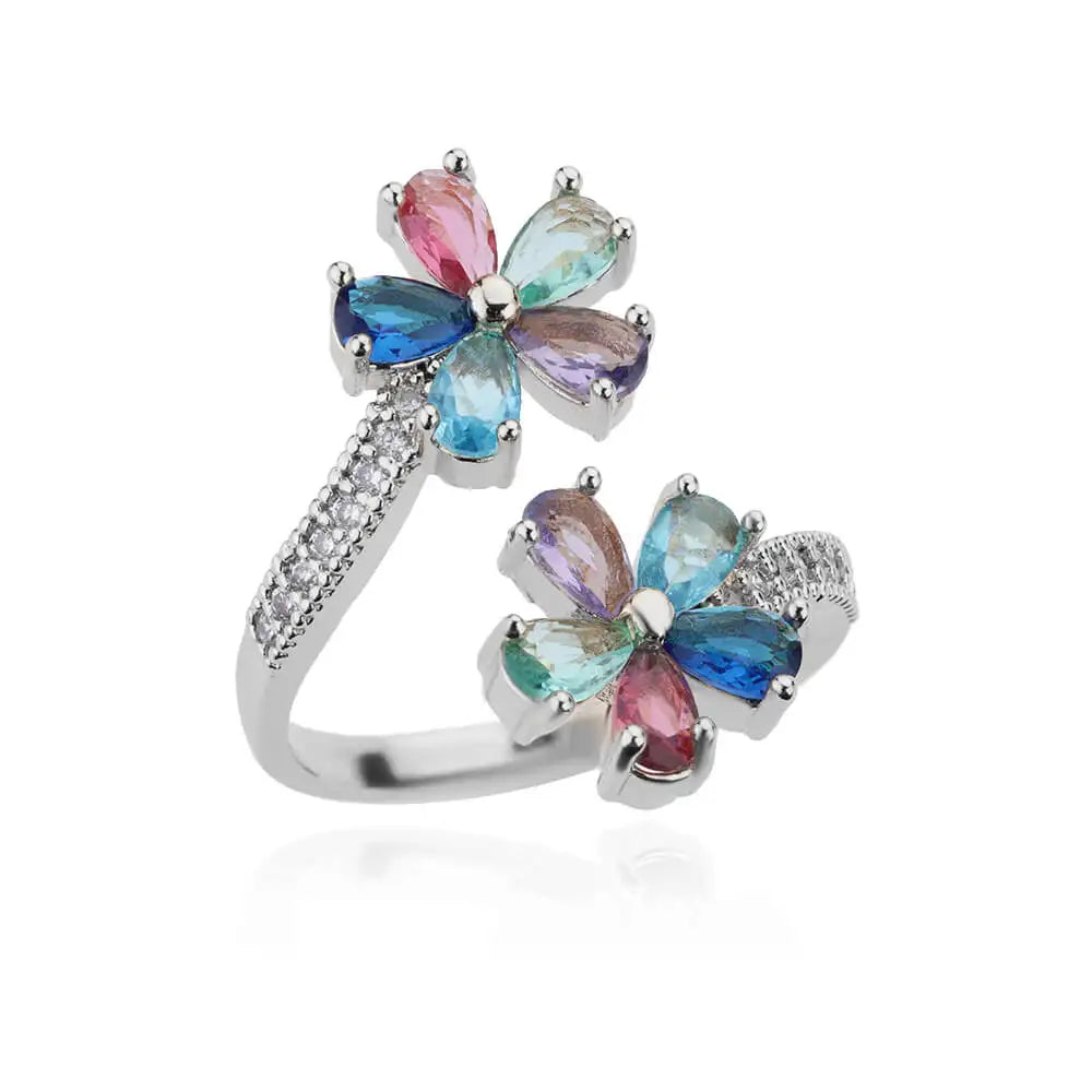 Colored Zircon Double Flower Rings For Women Gold Plated Stainless Steel Flower Opening Ring Wedding Aesthetic Jewelry Gift 2023
