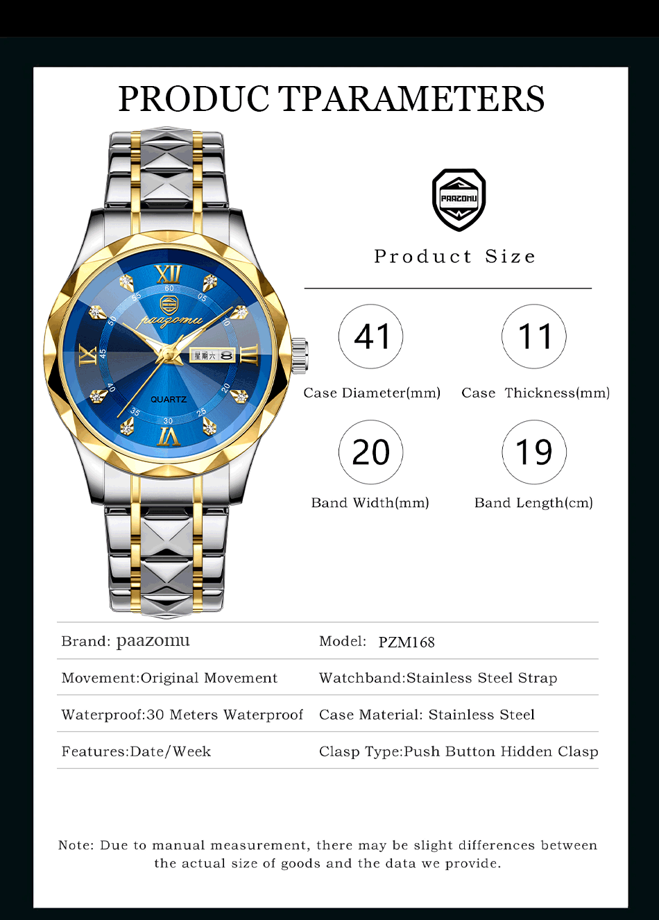 PAAZOMU Luxury Men Watches Business Top Brand Man Wristwatch Waterproof Luminous Date Week Quartz Men's Watch High Quality+Box