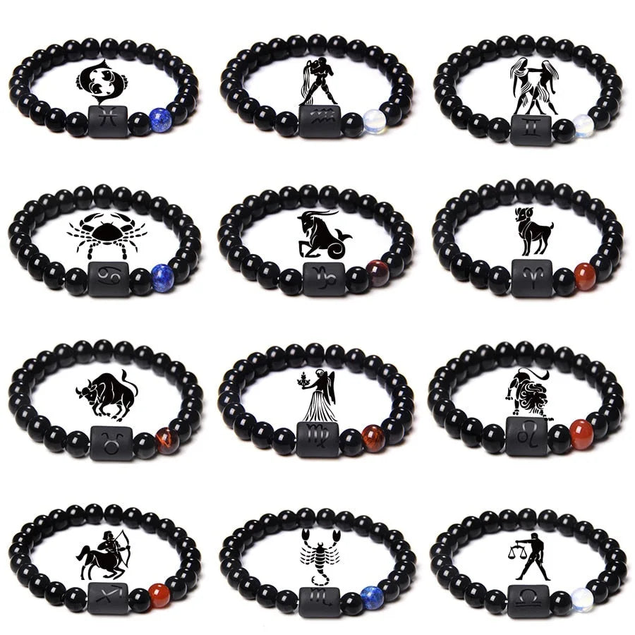 FTCY 10mm Zodiac Yellow Tiger Eye Stone Bracelet for Men Women Black Agate Crystal Elastic Cord Hand Chains Couple’s Jewelry