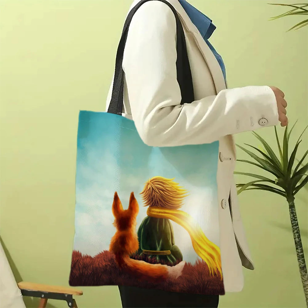 Linen Bag The Little Prince Series Print Lightweight Shoulder Bag Versatile Shopping Bag Holder Handbag