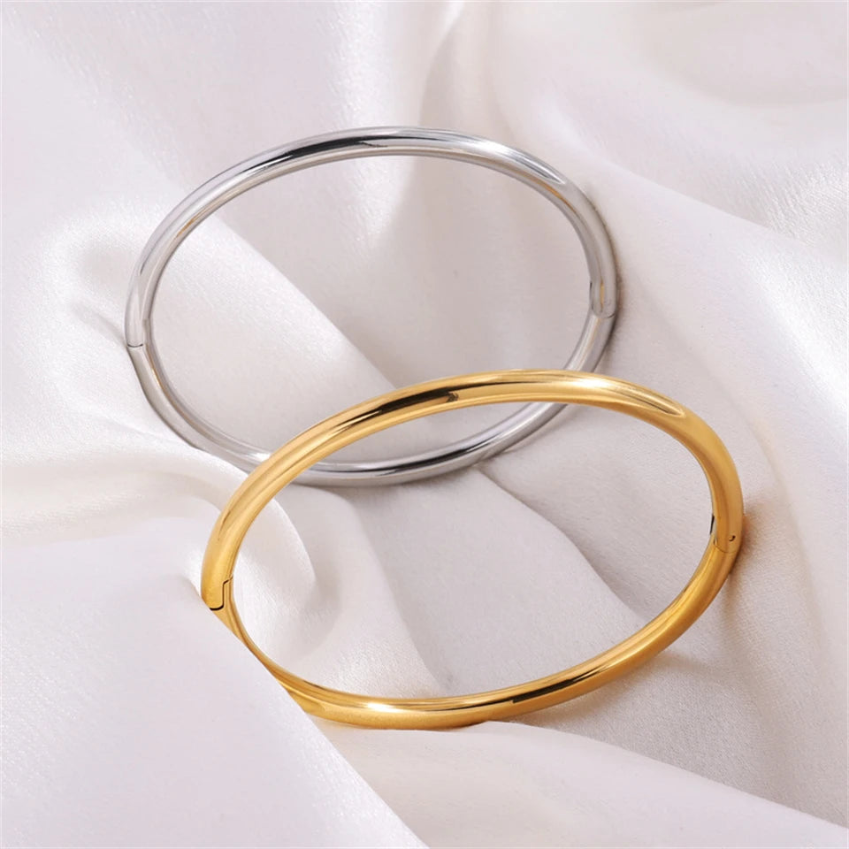 Yupsk Glossy Gold Color Stainless Steel Cuff Bangle for Women Smooth Thin Cylinder Bracelet Exquisite Waterproof Jewelry Gift