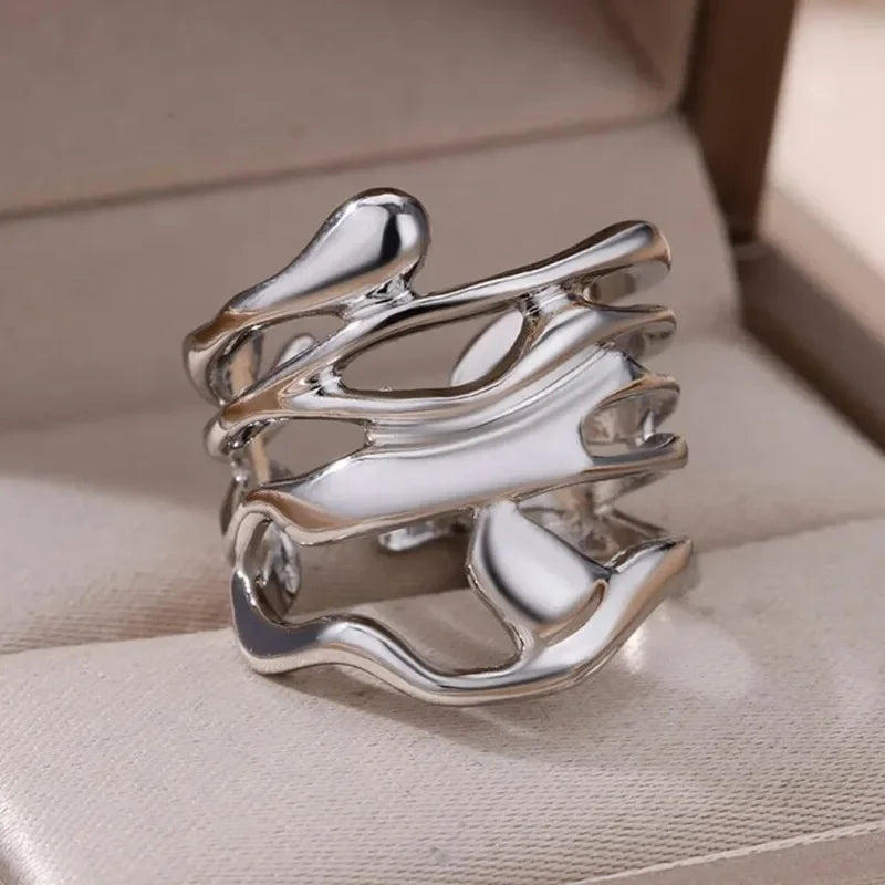 Stainless steel ring gold hollow wide simple fashion suitable for couples party wear jewelry gifts