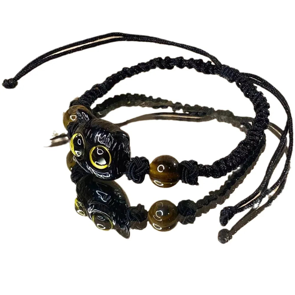 Cute Cat Couple Bracelet Imitation Wood Crystal Braided Children Bracelet Fashion Jewelry Trendy Accessories