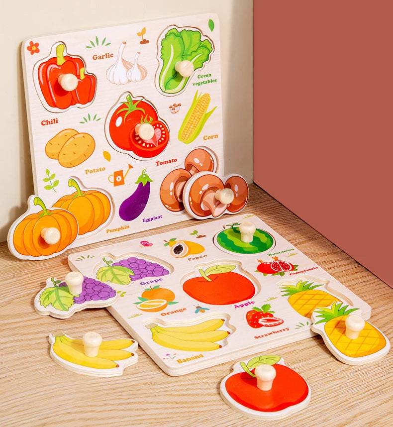 Montessori Wooden Puzzles Cartoon Animal Fruit Hand Grab Board Cognition Jigsaw Puzzle Game Learning Educational Toys For Kids