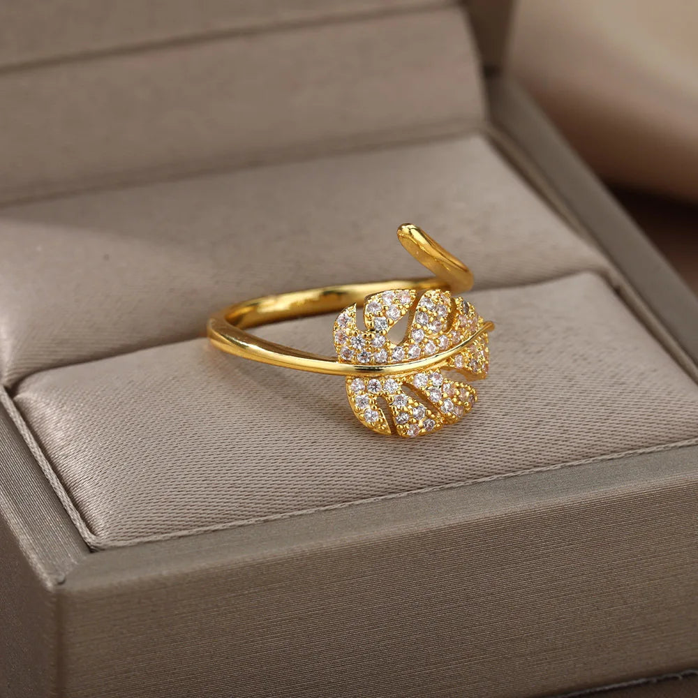 Fashion Palm Leaf Shape Open Rings For Women Gold Color Zircon Adjustable Finger Ring Girls Korean Party Jewelry Gift