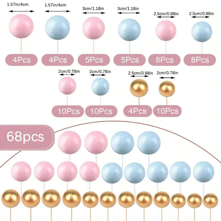 68pcs/set gold ball mini balloon cake hats foam decorated spherical cake insert hats for birthday parties and holiday decoration