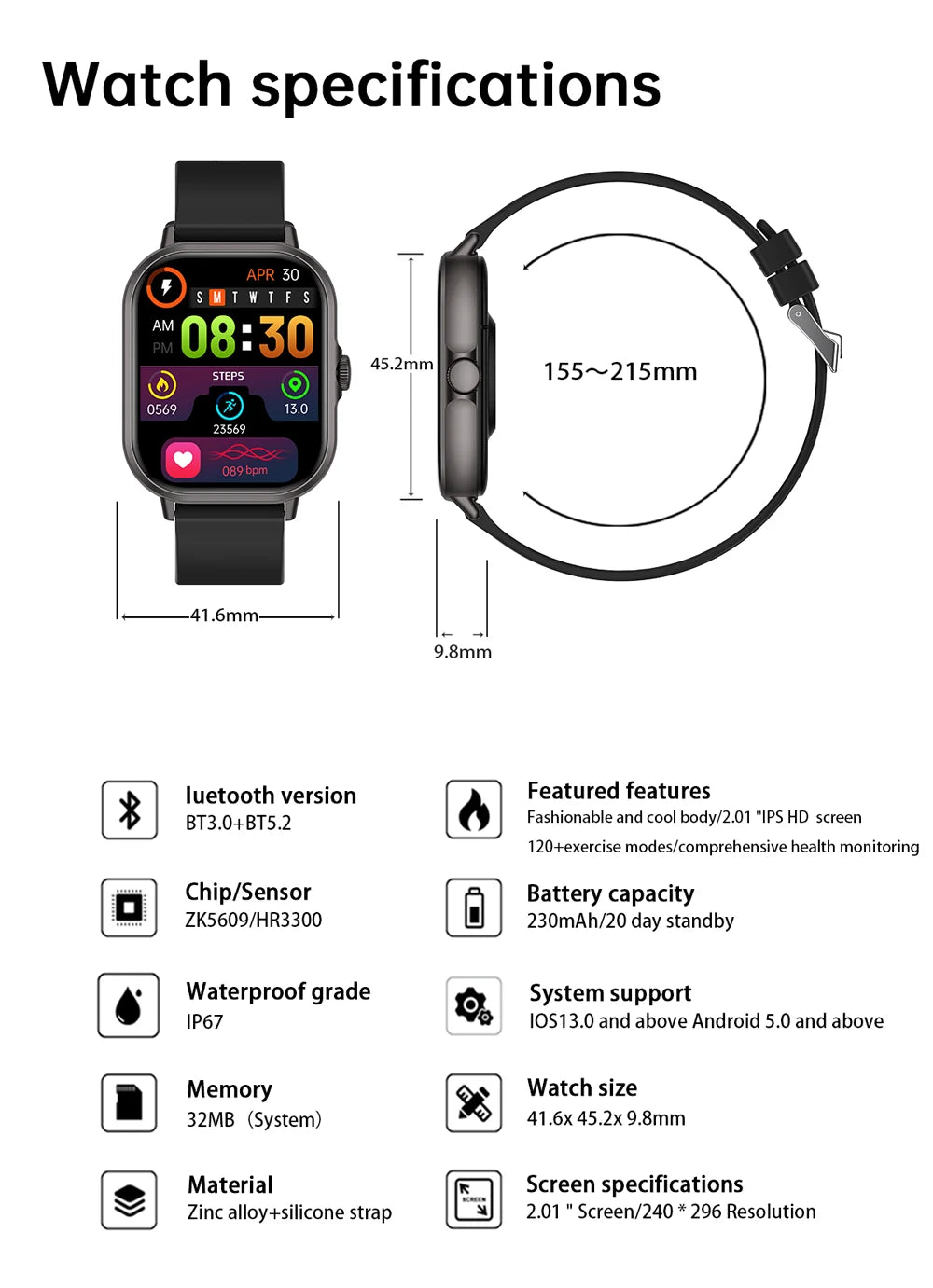 2024 2.01'' Smart Watch Bluetooth Call Play Music Smartwatch Fitness Sport Waterproof Watches for Men Women iPhone Android