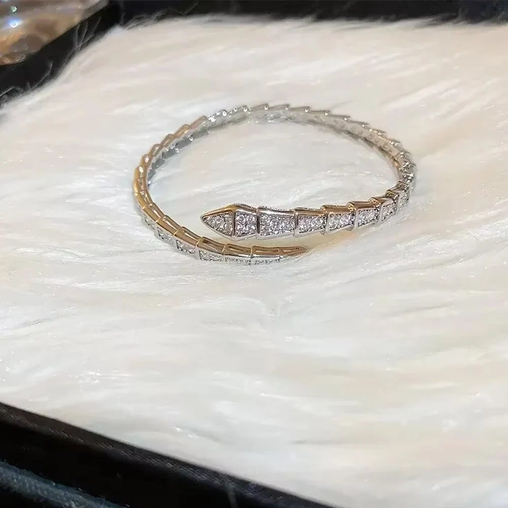 Luxury Shiny AAA Cubic Zirconia Snake Bone Bangles Female Sliver Color Wedding Party Cuff Bracelet for Women Trendy Party Gift