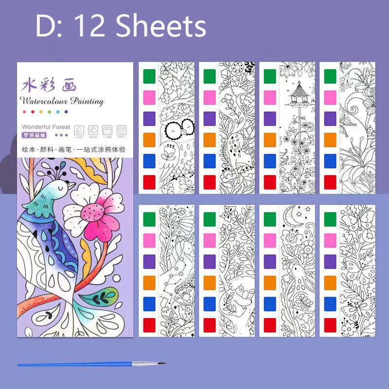 Portable Watercolor Painting Book 12 Sheets Coloring Book With Paint Brush Gouache Book Kids Graffiti Picture Drawing Toys