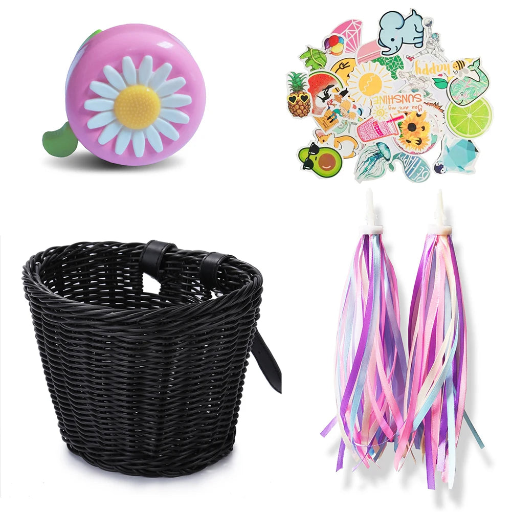 4pcs/Set PE Rattan Wicker Bicycle Front Basket+Bell+Tassel+Stickers Adjustable Handwoven Kid Adult Bike Handlebar Accessories