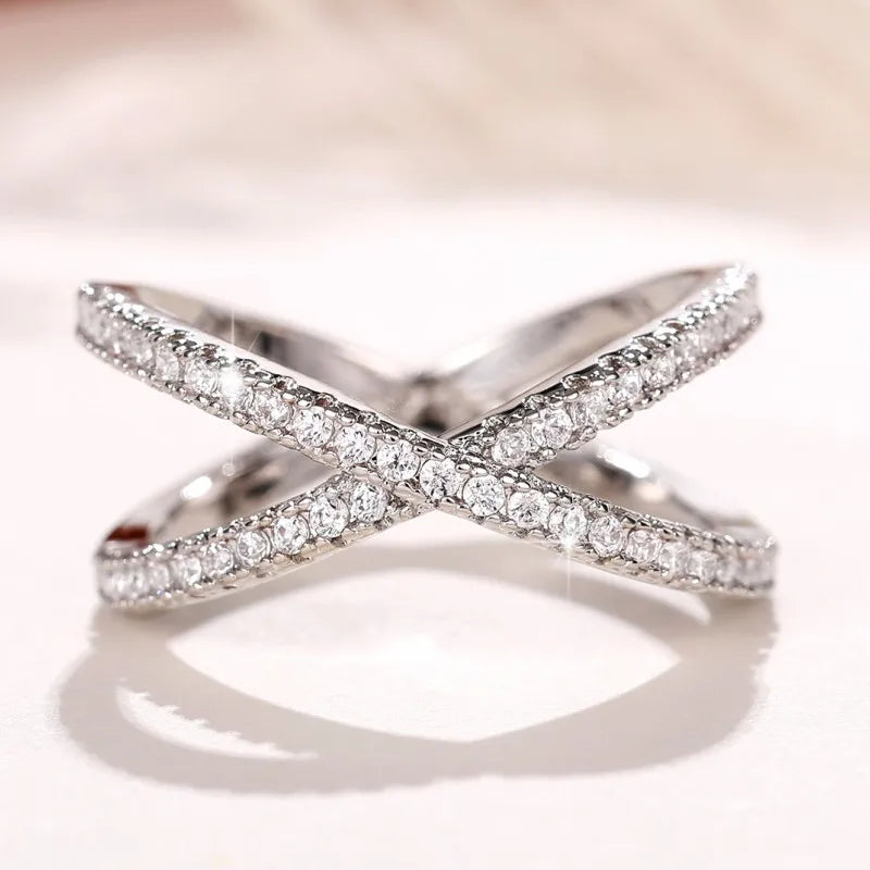 Simple Stylish Cross Shape Cubic Zirconia Rings for Women Fashon Female Finger Accessory Wedding Bands Statement Jewelry