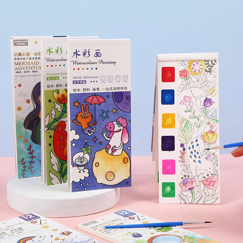 Portable Watercolor Painting Book 12 Sheets Coloring Book With Paint Brush Gouache Book Kids Graffiti Picture Drawing Toys