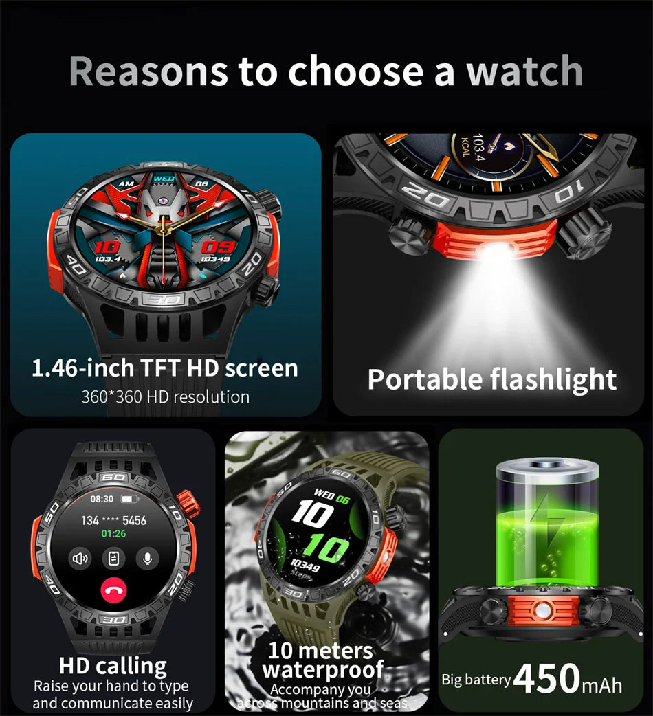 Outdoor Military Smart Watch Men's With LED lighting Bluetooth Call Smartwatch 3ATM IP68 Waterproof Compass Sports Fitness Watch