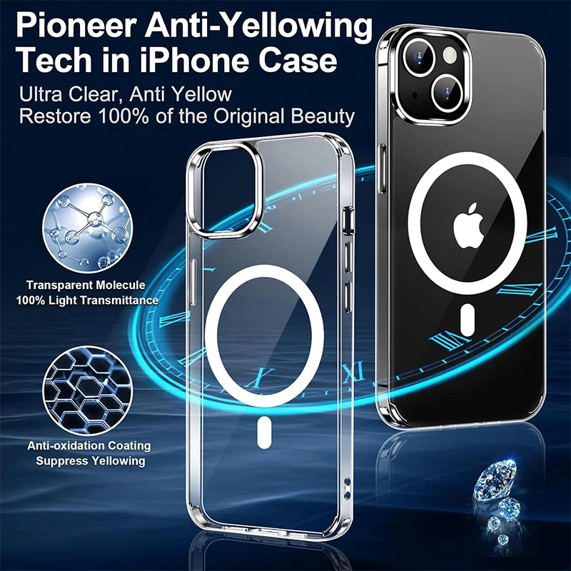 Crystal Clear Magnetic Phone Case for Wireless Charge iPhone 16 15 14 Pro Max Plus 12 13 Mini 11 Mobile Cases Shockproof Cover