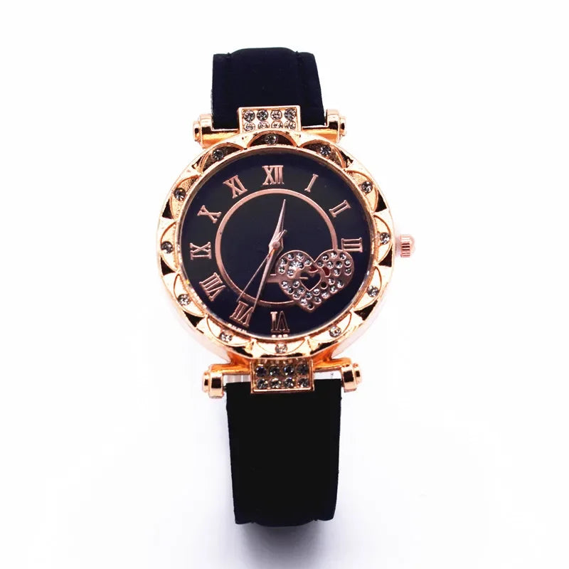 6PCS/Set Women's Watch Fashion Roma Heart Dial Leather Band Quartz Watches Leaf Bracelets Set(Without Box)